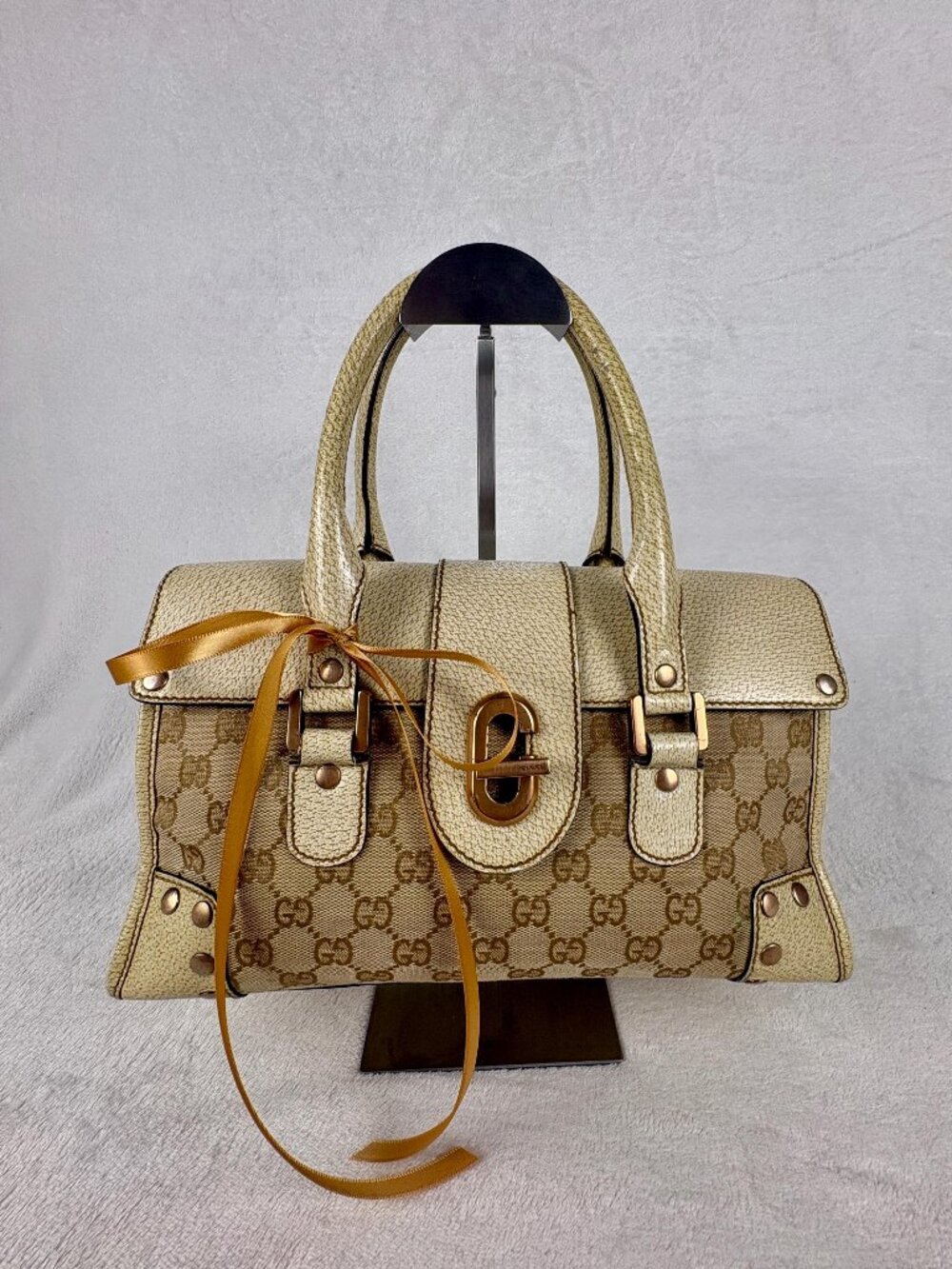 Vintage Gucci GG Turn-Lock Top Handle in Monogram Canvas, Metallic Leather Trim